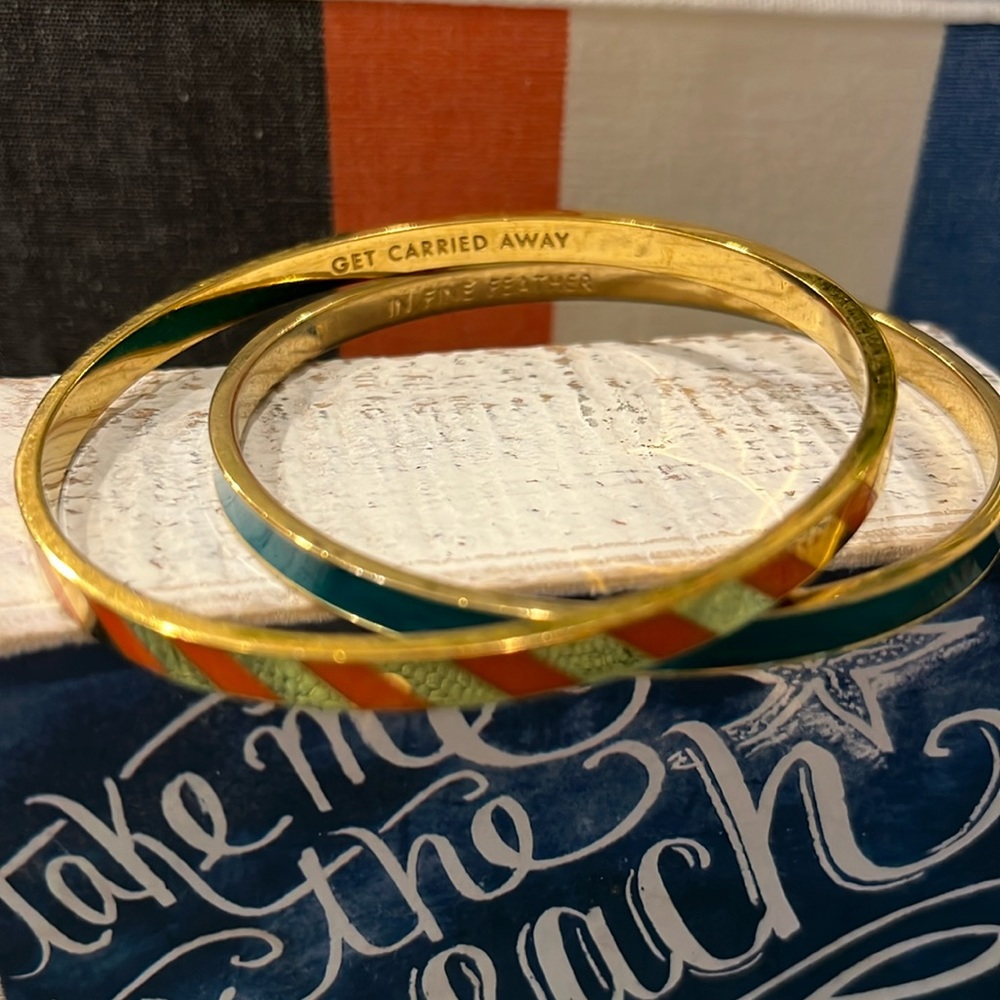 Solid green and orange enamel & gold accented bangles